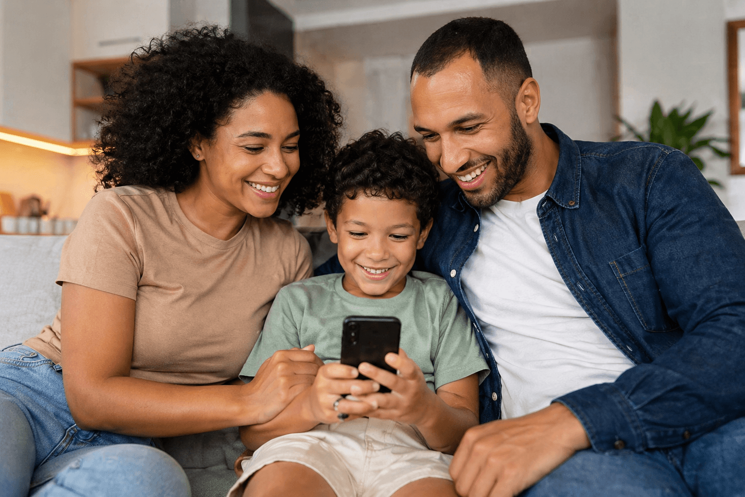 Família usando celular para controlar gastos